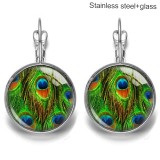 Peacock feathers  Stainless steel 20mm glass French style ear hook and earrings