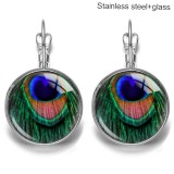 Peacock feathers  Stainless steel 20mm glass French style ear hook and earrings
