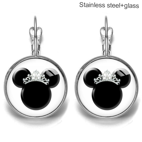 Mickey cartoon Stainless steel 20mm glass French style ear hook and earrings