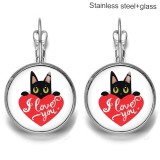 Cat Stainless steel 20mm glass French style ear hook and earrings