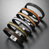 21CM Minimalist striped stainless steel leather bracelet