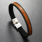 21CM Minimalist striped stainless steel leather bracelet