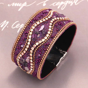 Purple Bohemian rhinestone turquoise leather wide bracelet