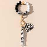 Mother's Day Leopard Pattern Wooden Beads Mama Rainbow Wooden Label Tassel Bracelet Keychain Bookbag Car Pendant