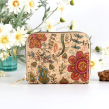 Cork environmentally friendly material wallet, flower element digital printing, multifunctional zipper bag, coin bag