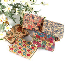 Cork environmentally friendly material wallet, flower element digital printing, multifunctional zipper bag, coin bag
