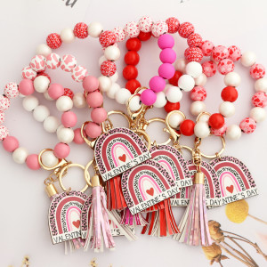 Valentine's Day Gift Love Bracelet, Wooden Bead Bracelet, Keychain