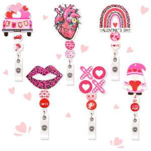 Valentine's Day beaded wooden chips, medical retractable clip, easy to pull buckle, identification buckle, badge clip, nurse's day gift