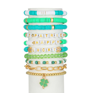 St. Patrick's Day Soft Pottery Green Clover Pendant Irish Festival Lucky Bracelet Set