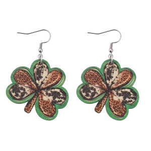 St. Patrick's Day leopard print heart patchwork clover double-sided wooden earrings Irish green knot earrings