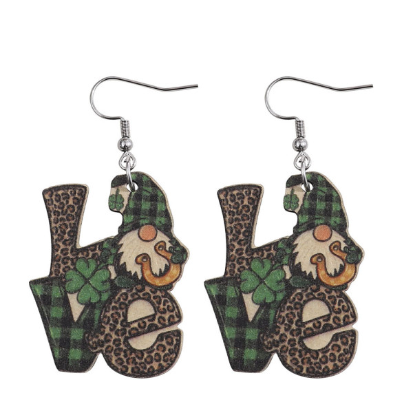 St. Patrick's Day Leopard LOVE Clover Dwarf Earrings Valentine's Day Irish Green Double sided Wooden Earrings