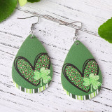 St. Patrick's Day Earrings Irish Green Festival Leopard Pattern Love Clover Earrings Double sided PU Leather Water Drop Earrings