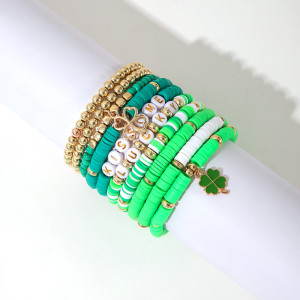 St. Patrick's Day Soft Pottery Green Clover Pendant Irish Festival Lucky Bracelet Set