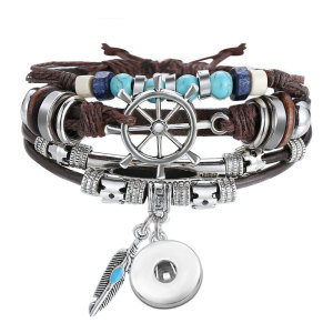 Turquoise multi-layer leather bracelet fit 18mm snap button jewelry