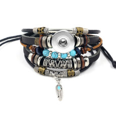 Alloy boat anchor cowhide bracelet, fashionable turquoise beaded multi-layer woven bracelet fit 18mm snap button jewelry