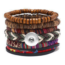 Bohemian style hand woven leather bracelet with wooden beads fit 18mm snap button jewelry