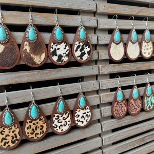 Western genuine leather earrings, horse hair leopard print embossed cowhide water droplets, vintage earrings