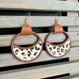 Western genuine leather earrings with circular geometric hollow inlay and leopard print earrings