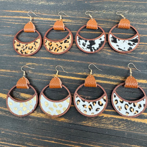 Western genuine leather earrings with circular geometric hollow inlay and leopard print earrings