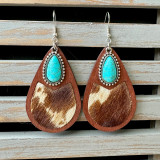 Western genuine leather earrings, horse hair leopard print embossed cowhide water droplets, vintage earrings