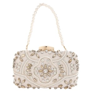 Handmade pearl studded wrist banquet bag with rhinestone inlay