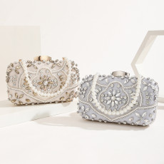 Handmade pearl studded wrist banquet bag with rhinestone inlay