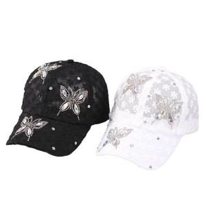 Baseball cap, fashionable rhinestone butterfly lace duckbill cap, lightweight and breathable sunshade hat