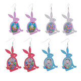 Easter earrings, rabbit flower basket earrings, cute printed Easter eggs, spring wooden earrings