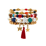 Wooden Bead Tassel Bracelet Set Bohemian Colorful Beaded Star Butterfly Pendant Diamond Ball Bracelet