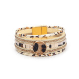Leopard print multi-layer leather magnetic buckle bracelet