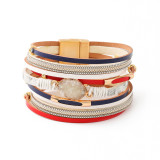 American flag red, blue, and white genuine leather magnetic buckle large pearl bracelet