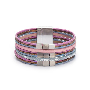 Bohemian style multi-layer color blocking leather magnetic buckle wide bracelet