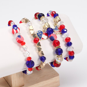 American Flag Red White Blue Crystal Bracelet Independence Day Multi layered Beaded Elastic Bracelet