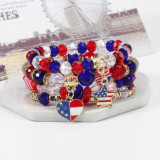 American Flag Red White Blue Crystal Bracelet Independence Day Multi layered Beaded Elastic Bracelet