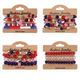 American Flag Red White Blue Crystal Bracelet Independence Day Multi layered Beaded Elastic Bracelet