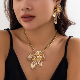 Alloy hollow flower pearl earrings necklace set