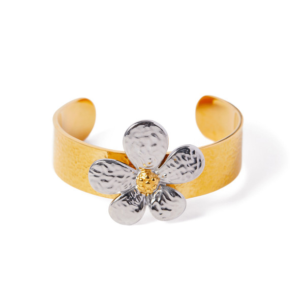 Stainless Steel Gold and Silver Colored Flower Open Bracelet