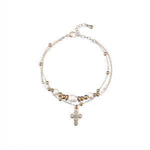 Stainless Steel Jewelry Set Full Diamond Cross Necklace Pendant Double Row Pearl Bracelet