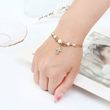 Stainless Steel Jewelry Set Full Diamond Cross Necklace Pendant Double Row Pearl Bracelet