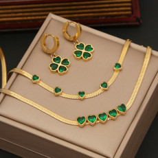 Stainless Steel Green Love Necklace Bracelet Earrings Three piece Set