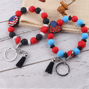Keychain pendant leather PU short tassel silicone beaded American Independence Day bracelet