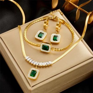 Stainless Steel Green Square Diamond Necklace Bracelet Earrings Three piece Set