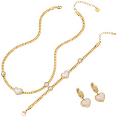 Stainless Steel Pearl Love Necklace Bracelet Earrings Three piece Set