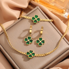 Stainless Steel Green Love Four leaf clover Necklace Bracelet Earrings Three piece Set