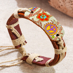 Genuine leather ethnic style hot stamping and flat symbol totem colored bracelet
