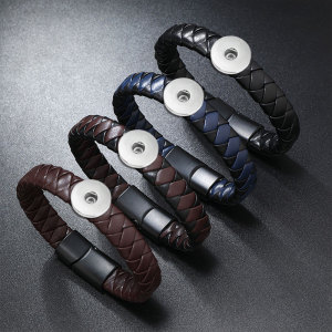 Simple woven leather magnetic buckle bracelet fit 18mm snap button jewelry