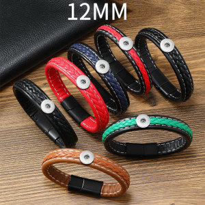 Cowhide handmade original niche couple minimalist woven leather alloy bracelet fit 12mm snap button jewelry