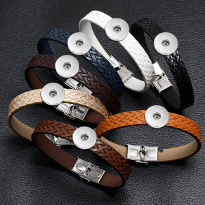 Simple handmade retro imitation woven stainless steel leather bracelet fit 18mm snap button jewelry