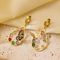 Stainless steel colored zircon hollow butterfly earrings