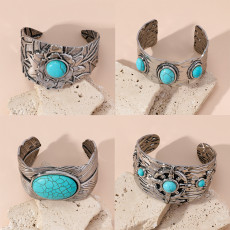 Vintage turquoise inlaid bracelet carved with vintage bohemian style accessories